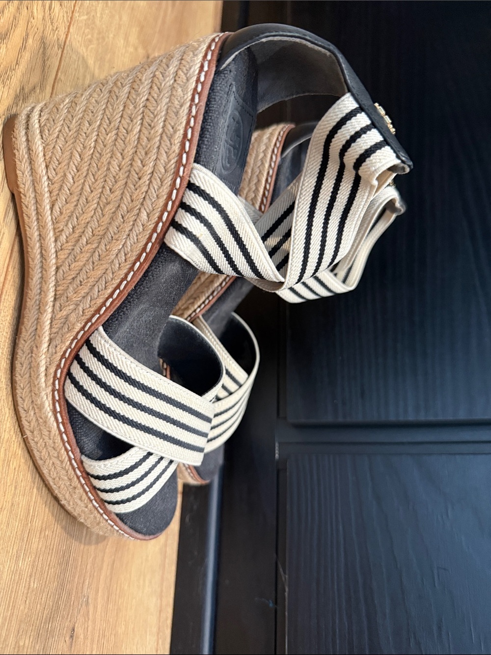 Tory Burch Cream and Black Striped Espadrille Wedge Sandals